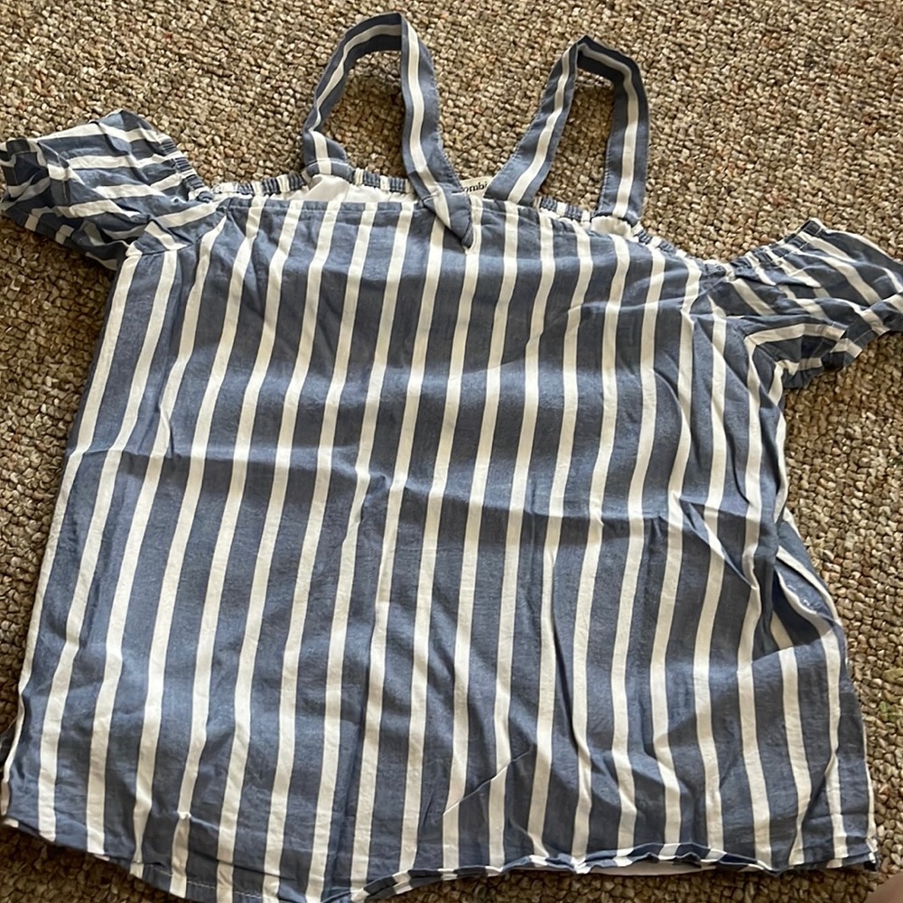Blue striped off the shoulder shirt